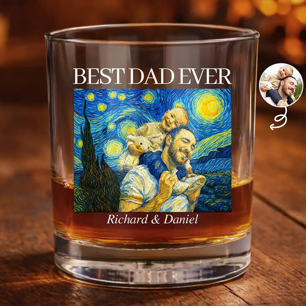 Custom Photo Starry Night Best Dad Papa Ever - Personalized Whiskey Glass