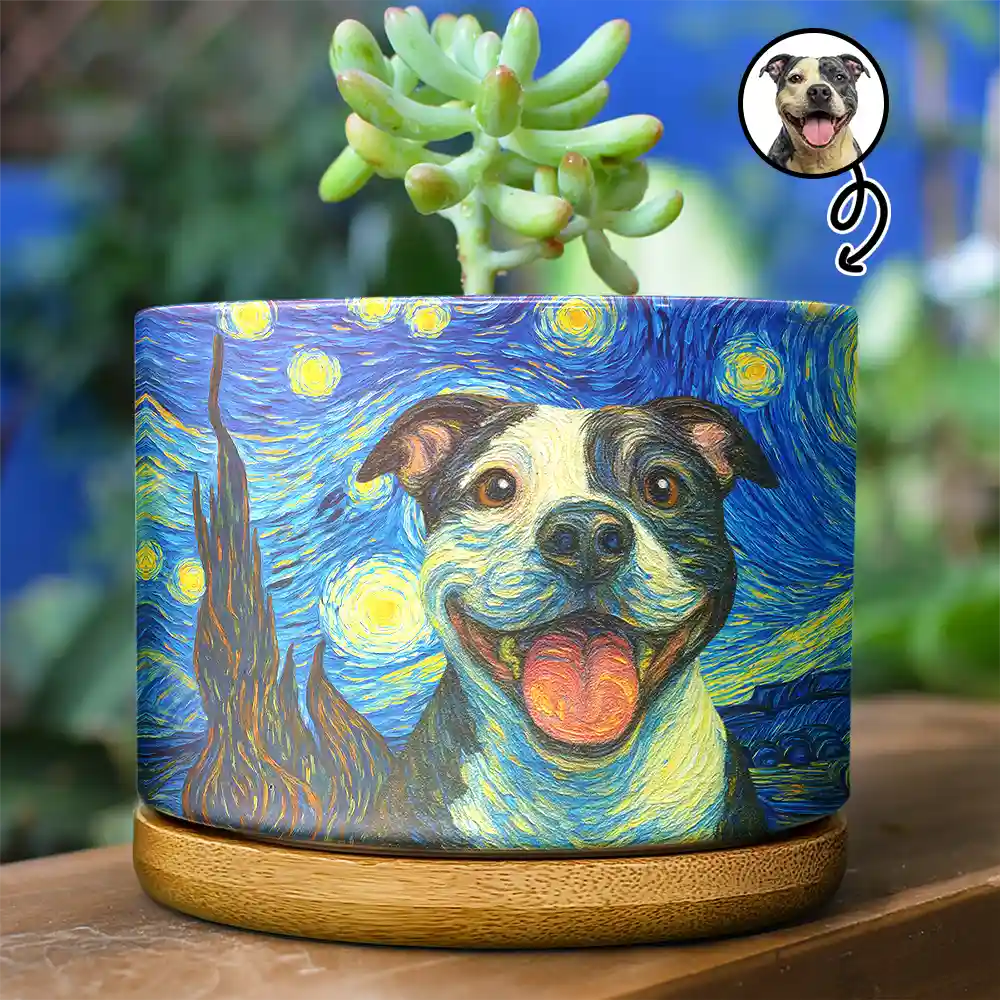 Dog Lovers,Pet Lovers,Cat Lovers,Non-Eng,Photo - Starry Night,Playful - Custom Photo Starry Night Dog Cat Pet - Personalized Ceramic Plant Pot