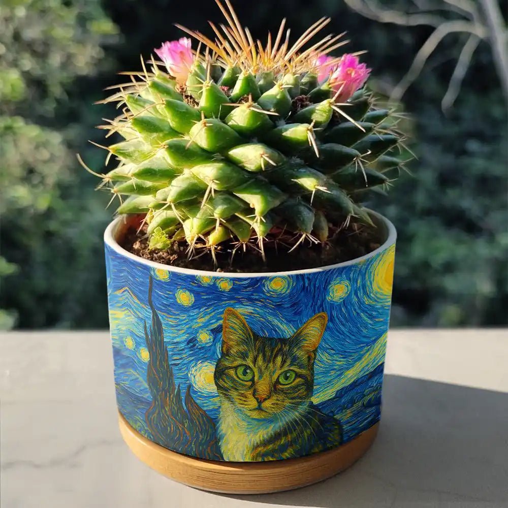 Dog Lovers,Pet Lovers,Cat Lovers,Non-Eng,Photo - Starry Night,Playful - Custom Photo Starry Night Dog Cat Pet - Personalized Ceramic Plant Pot