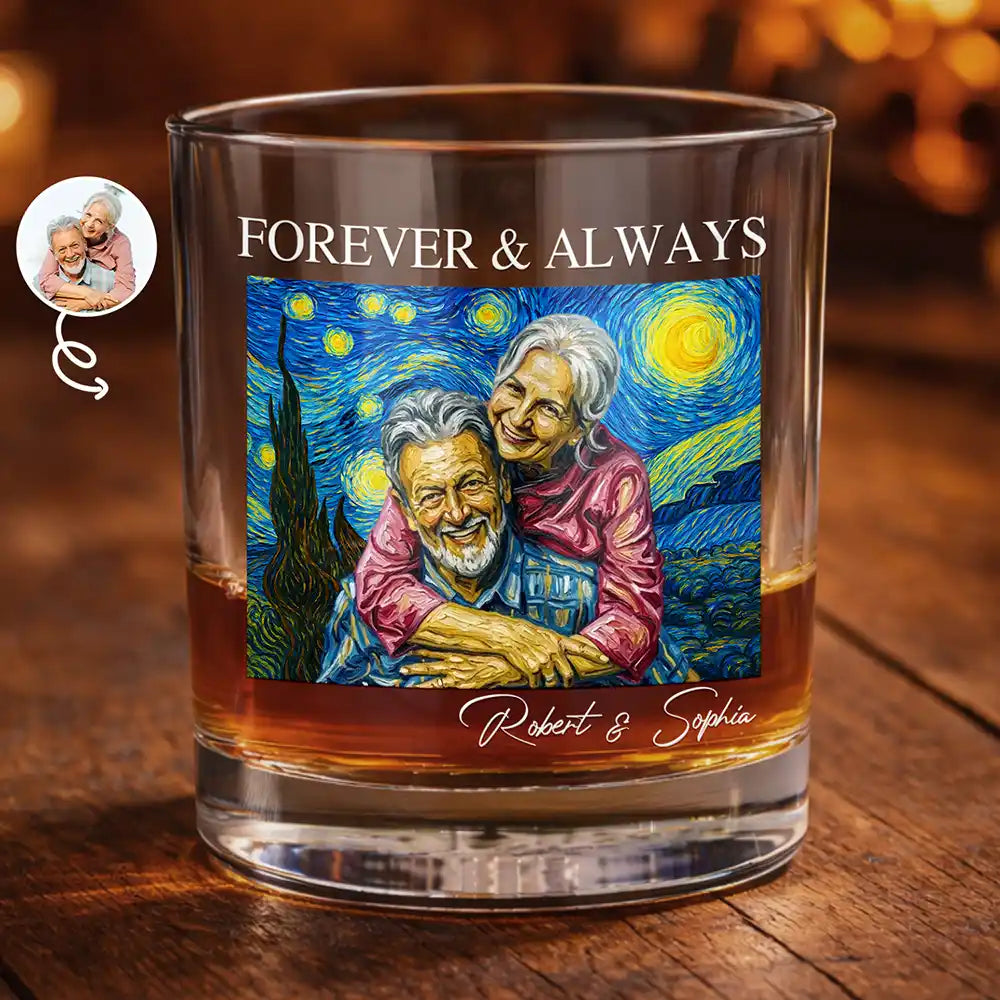 Custom Photo Starry Night Forever & Always Couple Anniversary - Personalized Whiskey Glass
