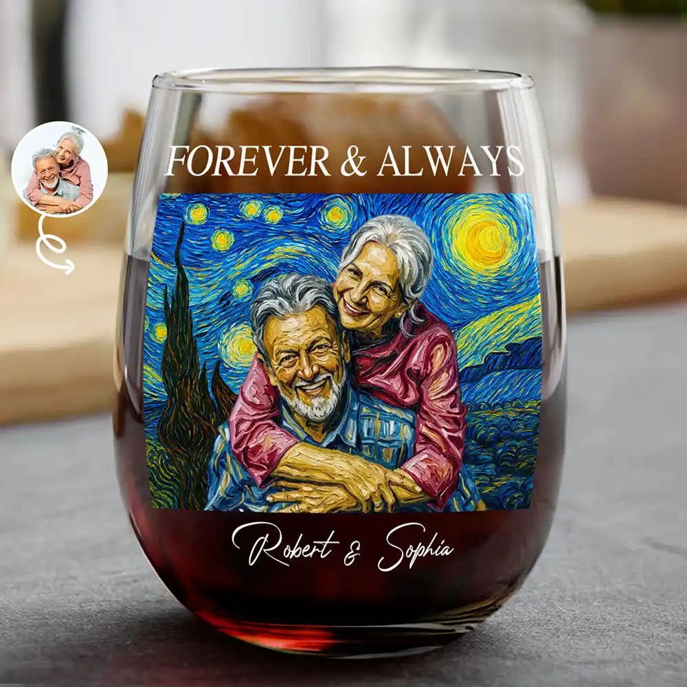 Custom Photo Starry Night Forever & Always Couple Anniversary - Personalized Stemless Wine Glass