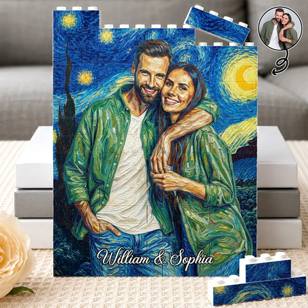 Custom Photo Starry Night Romantic Couple Anniversary - Personalized Building Brick Blocks