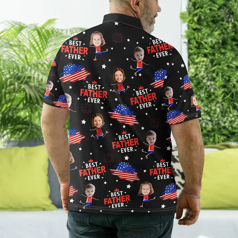 Custom Photo,Independence Day,Gift For Grandpa,Adorable,Cut-Face Photo - Custom Photo Stars And Stripes Best Dad Grandpa Ever - Personalized Polo Shirt