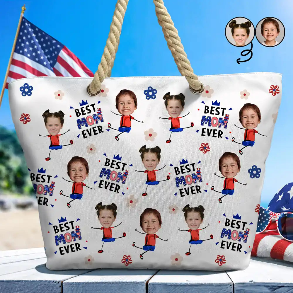 Custom Photo Stars & Stripes Best Mom Grandma Ever - Personalized Beach Bag