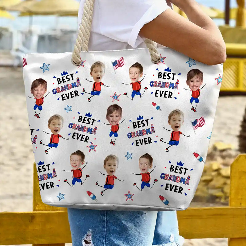 Gift For Mother,Gift For Grandma,Happy,Summer,Independence Day,Non-Eng,Photo,Icon,Humorous - Custom Photo Stars & Stripes Best Mom Grandma Ever - Personalized Beach Bag