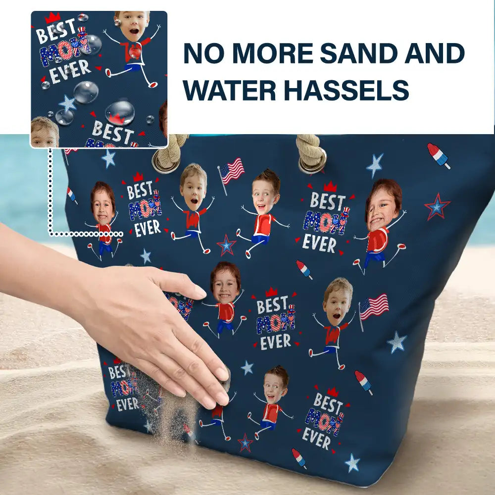 Gift For Mother,Gift For Grandma,Happy,Summer,Independence Day,Non-Eng,Photo,Icon,Humorous - Custom Photo Stars & Stripes Best Mom Grandma Ever - Personalized Beach Bag