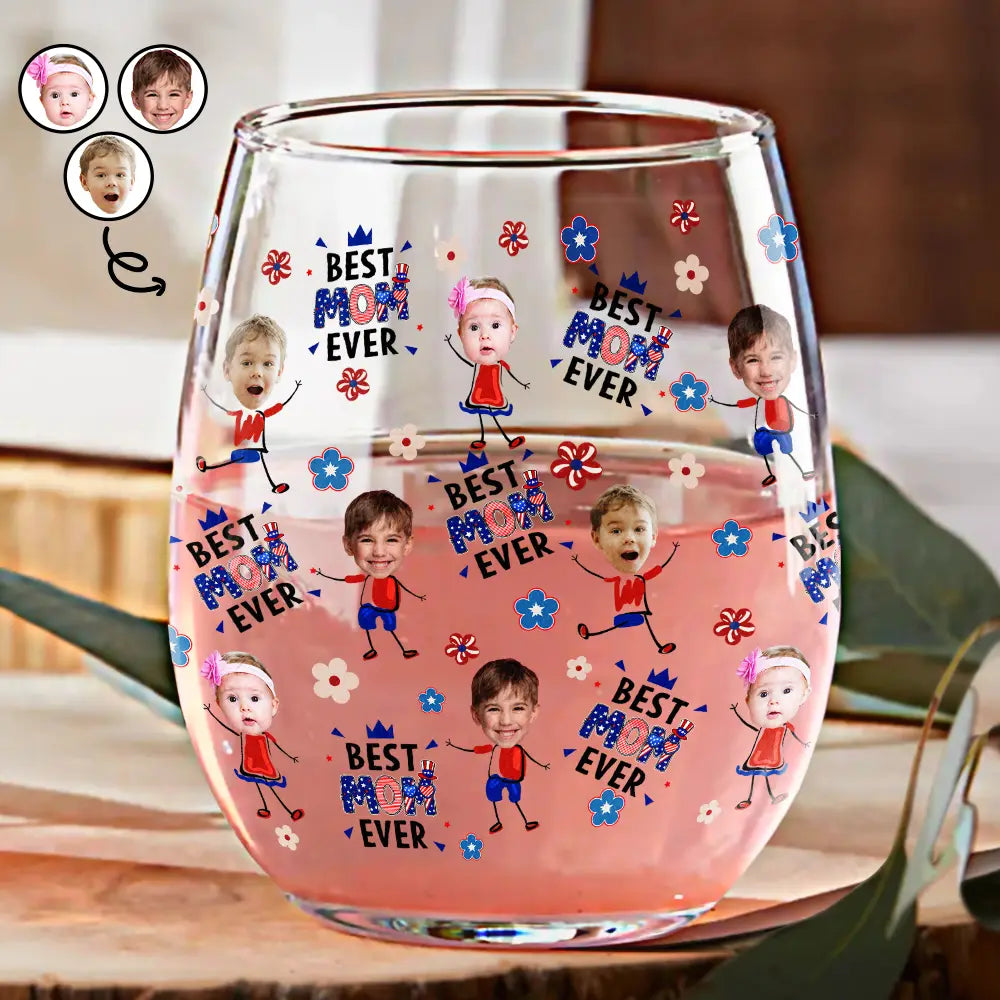 Custom Photo Stars & Stripes Best Mom Grandma Ever - Personalized Stemless Wine Glass