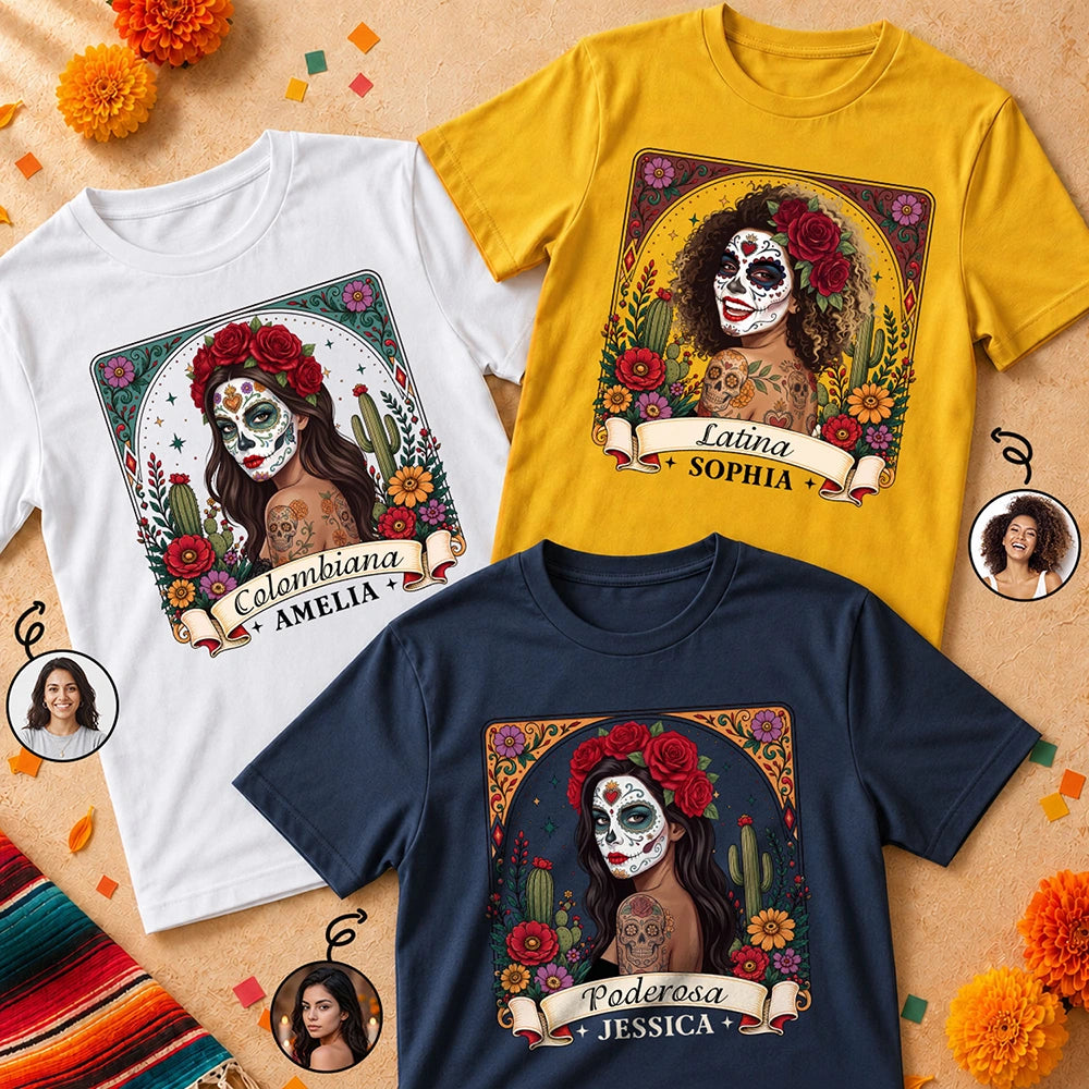 Custom Photo Sugar Skull Day Of The Dead Funny Mexican Hispanic - Personalized T Shirt