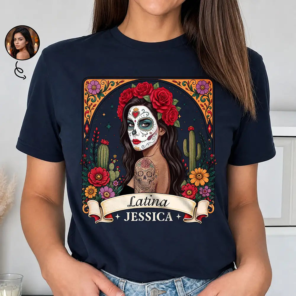 Art Design,Confident,Halloween,Gift For Yourself,Hispanic,Photo - Mexican Skull Woman Man - Custom Photo Sugar Skull Day Of The Dead Funny Mexican Hispanic - Personalized T Shirt