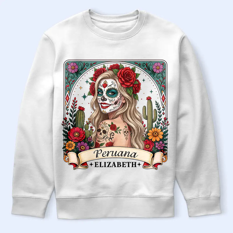 Art Design,Confident,Halloween,Gift For Yourself,Hispanic,Photo - Mexican Skull Woman Man - Custom Photo Sugar Skull Day Of The Dead Funny Mexican Hispanic - Personalized T Shirt