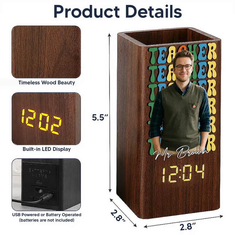 Grateful, Teacher, Back To School, Custom Photo, Remove BG Photo - Custom Photo Teacher With Name - Personalized Pen Holder With Clock