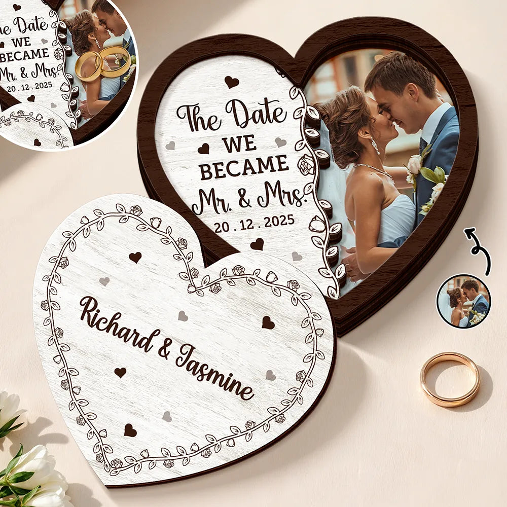 Gift For Husband, Gift For Wife, Gift For Boyfriend, Gift For Girlfriend, Custom Photo, Love, Gift For Couples - Custom Photo The Date We Became Mr. & Mrs. - Personalized 2-Layered Wooden Ring Dish