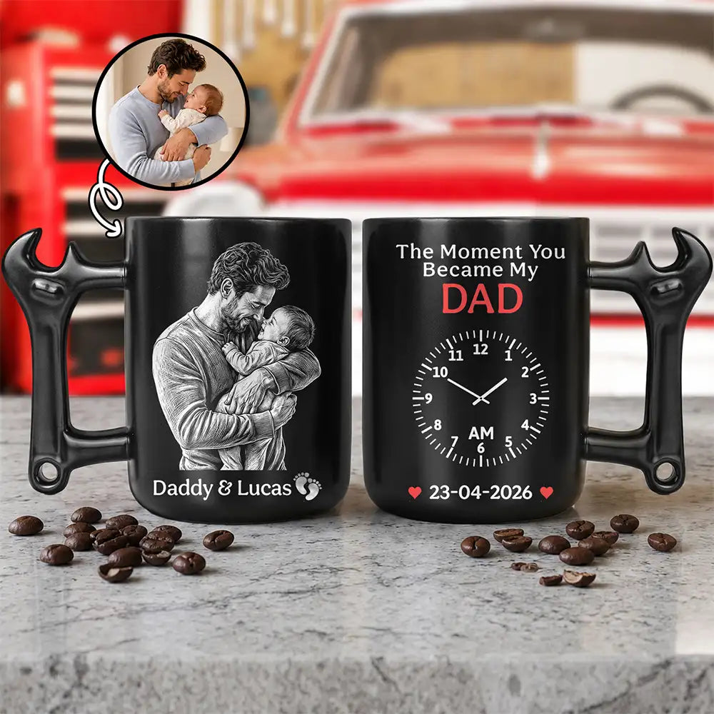 Gift For Father,Gift For Husband,Gift For Couples,New Dad,New Mom,Gift For Mother,Gift For Wife,Non-Eng,Photo - Pencil Sketch (Dark BG),Adorable - Custom Photo The Moment You Became My Mommy Daddy Pencil Sketch - Personalized Wrench Shaped Handle Mug