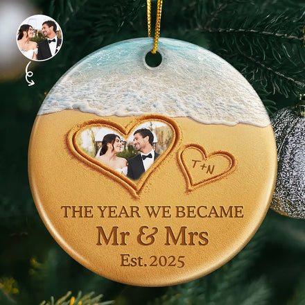 Custom Photo The Year We Became Mr & Mrs Initial Letter - Personalized Circle Ceramic Ornament