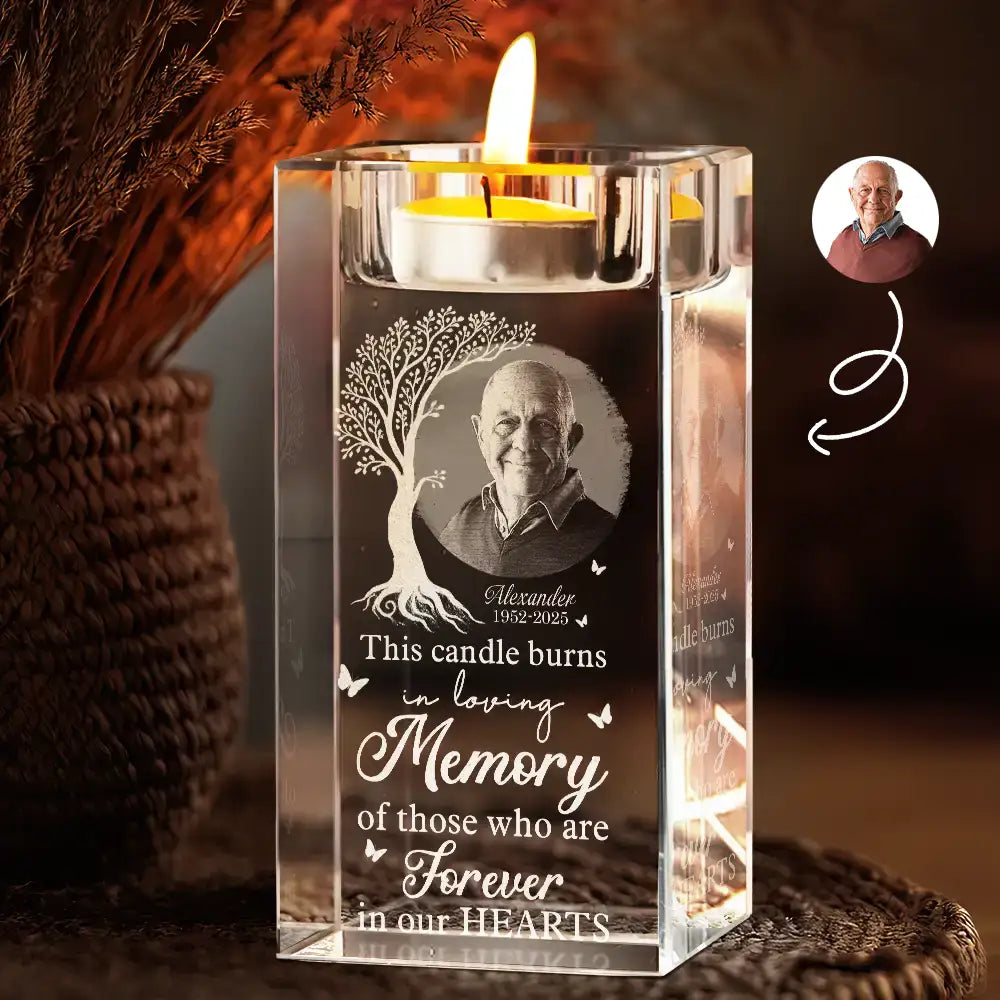 Custom Photo This Candle Burns In Loving Memory - Personalized Crystal Candle Holder