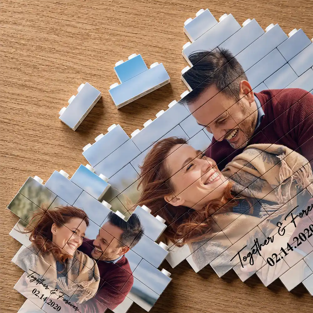 Custom Photo, Anniversary, Gift For Couples, Romantic, Dynamic Photo - Custom Photo Together & Forever Romantic Couple Portrait - Personalized Building Brick Blocks