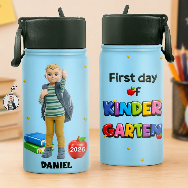 Adorable,Art Design,Back To School,Gift For Kids,Photo - Toybox Figure - Custom Photo Toybox Figure First Day Of Kindergarten - Personalized Kids Water Bottle