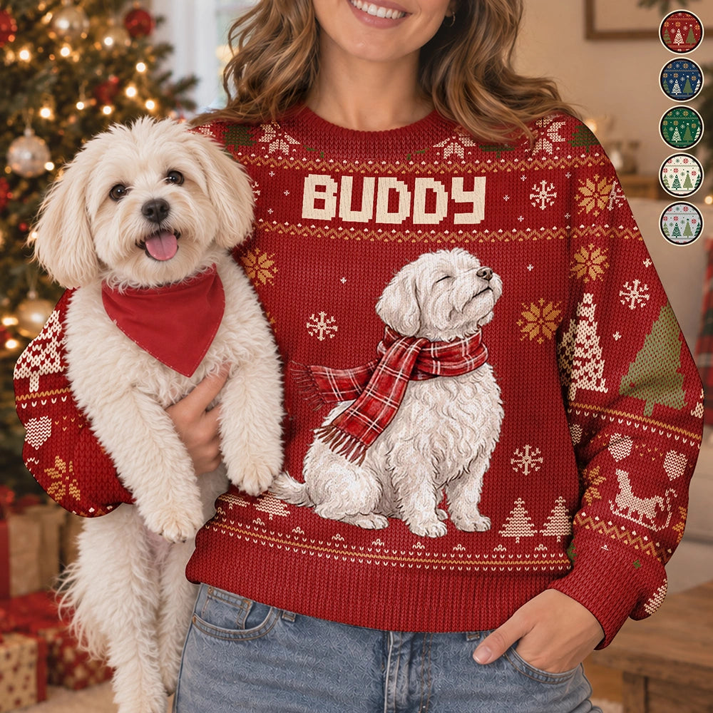 Art Design,Christmas,Pet Lovers,Photo - Pet With Fall Leaves,Happy - Custom Photo Watercolor Christmas Dog Pet Lover Gift - Personalized Unisex Ugly Sweater