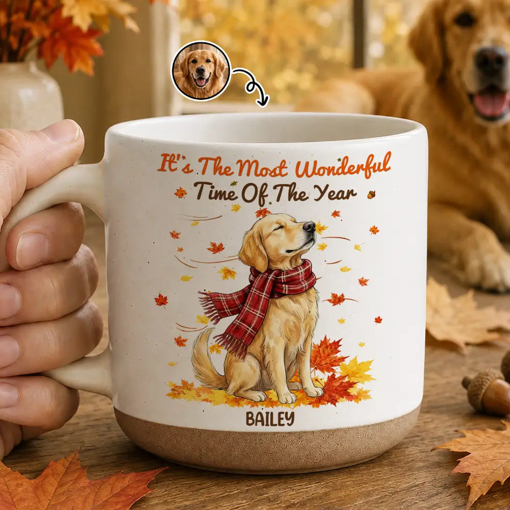 Art Design,Cozy,Pet Lovers,Photo - Pet With Fall Leaves - Custom Photo Watercolor Fall Leaves Dog Pet Lovers Portrait - Personalized Pottery Mug