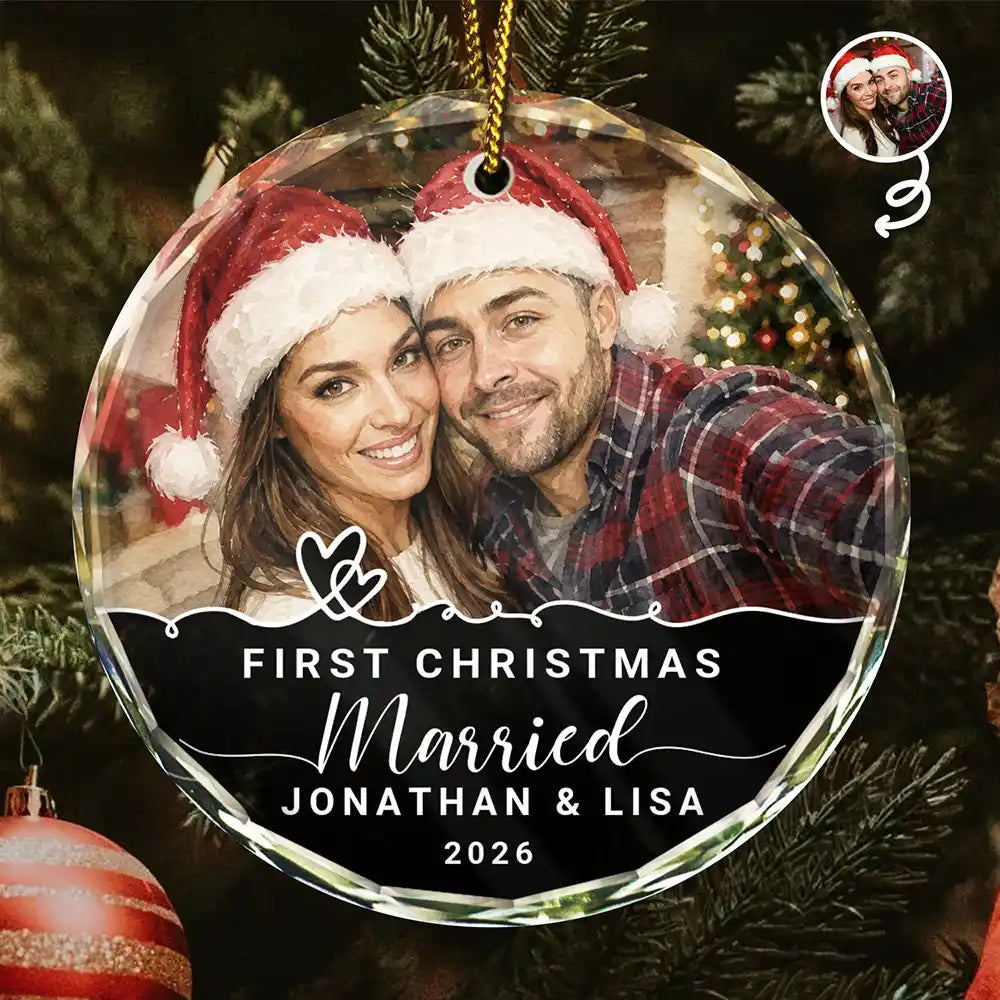 Custom Photo Watercolor Painting First Christmas Married Couple - Personalized Circle Glass Ornament