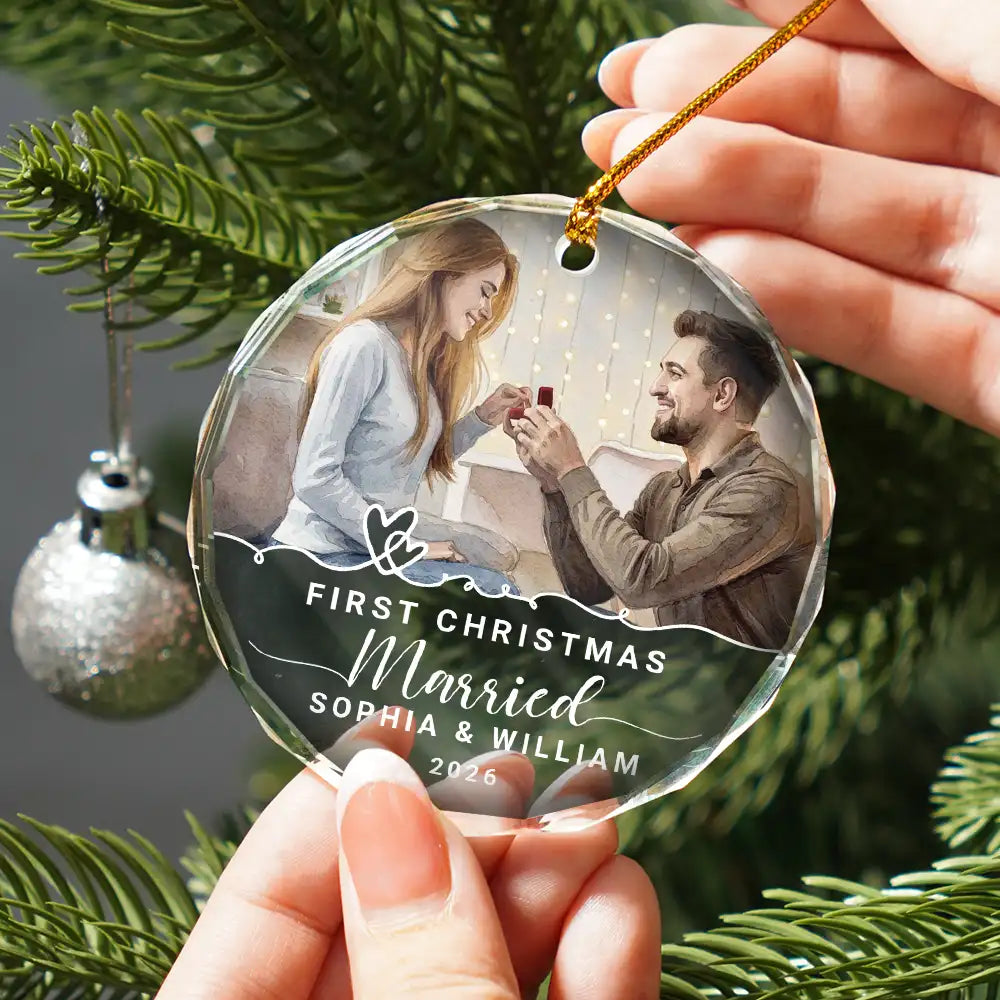 Art Design,Christmas,Married Couple,Romantic,Gift For Couples,Photo - Watercolor - With BG - Custom Photo Watercolor Painting First Christmas Married Couple - Personalized Circle Glass Ornament