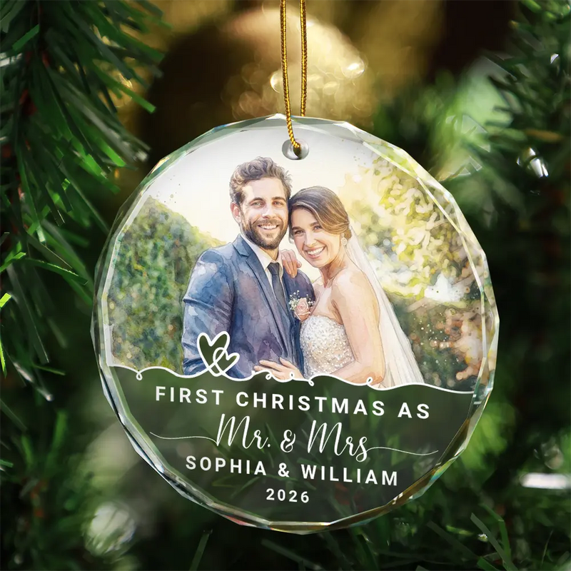 Art Design,Christmas,Married Couple,Romantic,Gift For Couples,Photo - Watercolor - With BG - Custom Photo Watercolor Painting First Christmas Married Couple - Personalized Circle Glass Ornament