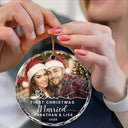 Art Design,Christmas,Married Couple,Romantic,Gift For Couples,Photo - Watercolor - With BG - Custom Photo Watercolor Painting First Christmas Married Couple - Personalized Circle Glass Ornament