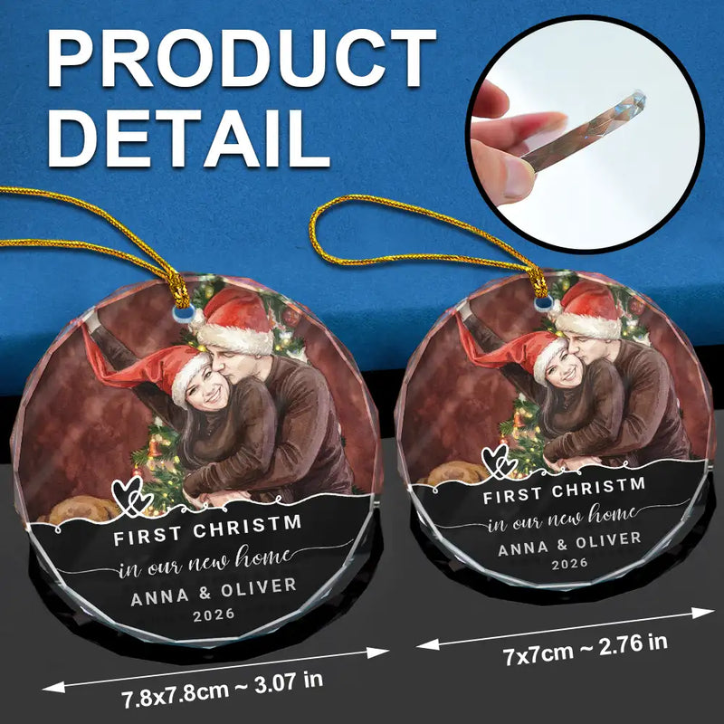 Art Design,Christmas,Married Couple,Romantic,Gift For Couples,Photo - Watercolor - With BG - Custom Photo Watercolor Painting First Christmas Married Couple - Personalized Circle Glass Ornament