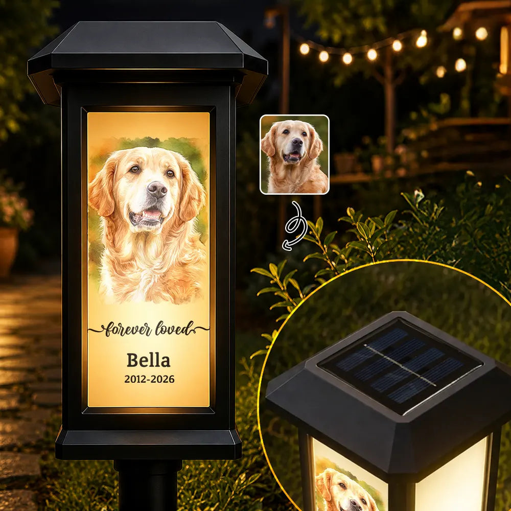 Art Design,Christmas,Sympathetic,Pet Lovers,Memorial,Photo - Watercolor - With BG - Custom Photo Watercolor Painting Memorial Dog Cat Forever Loved - Personalized Solar Garden Light