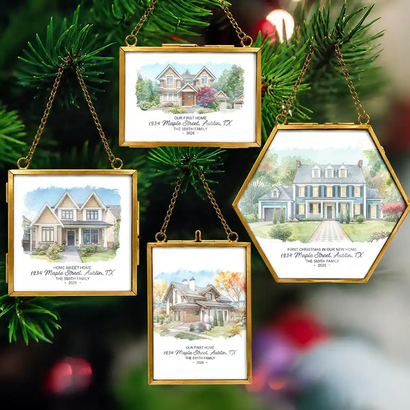 Art Design,Christmas,Family,Photo - Watercolor - With BG,Happy - Custom Photo Watercolor Painting Our First Home - Personalized Metal Frame Ornament