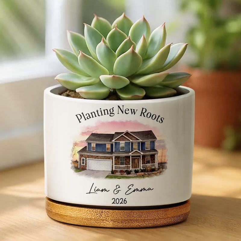 Art Design,New House,Gift For Couples,Photo - Watercolor - With BG,Happy - Custom Photo Watercolor Painting Planting New Roots New Home Just Married - Personalized Plant Pot