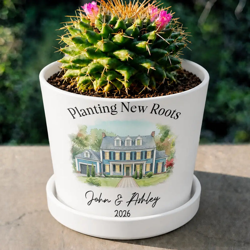 Art Design,New House,Gift For Couples,Photo - Watercolor - With BG,Happy - Custom Photo Watercolor Painting Planting New Roots New Home Just Married - Personalized Plant Pot