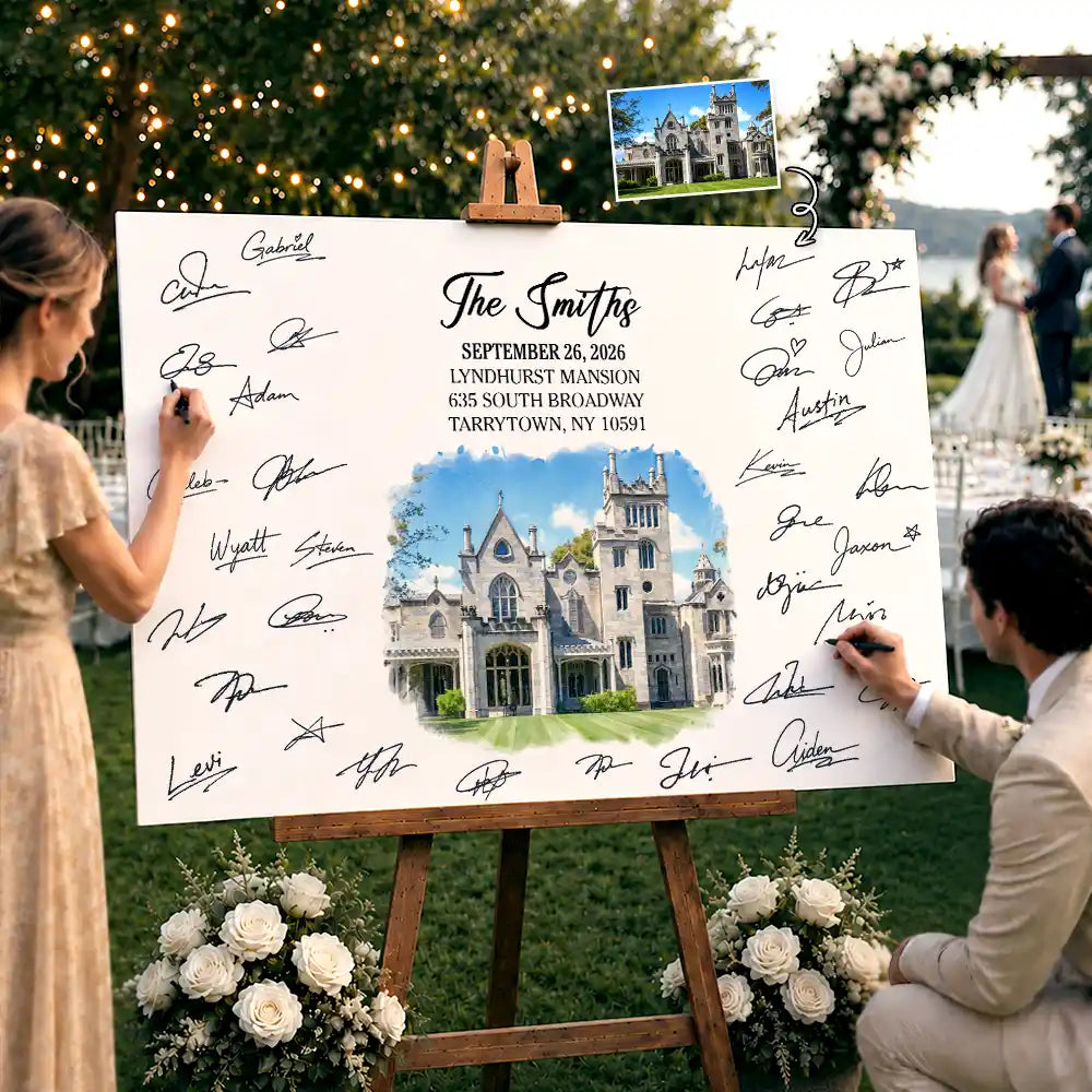 Custom Photo Watercolor Painting Watercolor Wedding Venue Guest Book - Personalized Poster