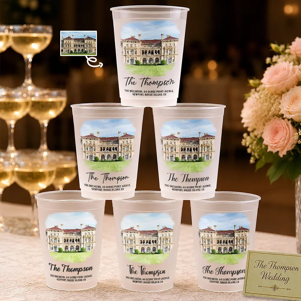 Custom Photo, Art Design, Gift For Couples, Wedding, Romantic, Photo - Watercolor - With BG - Custom Photo Watercolor Painting Wedding Venue Illustration - Personalized Frosted Cups