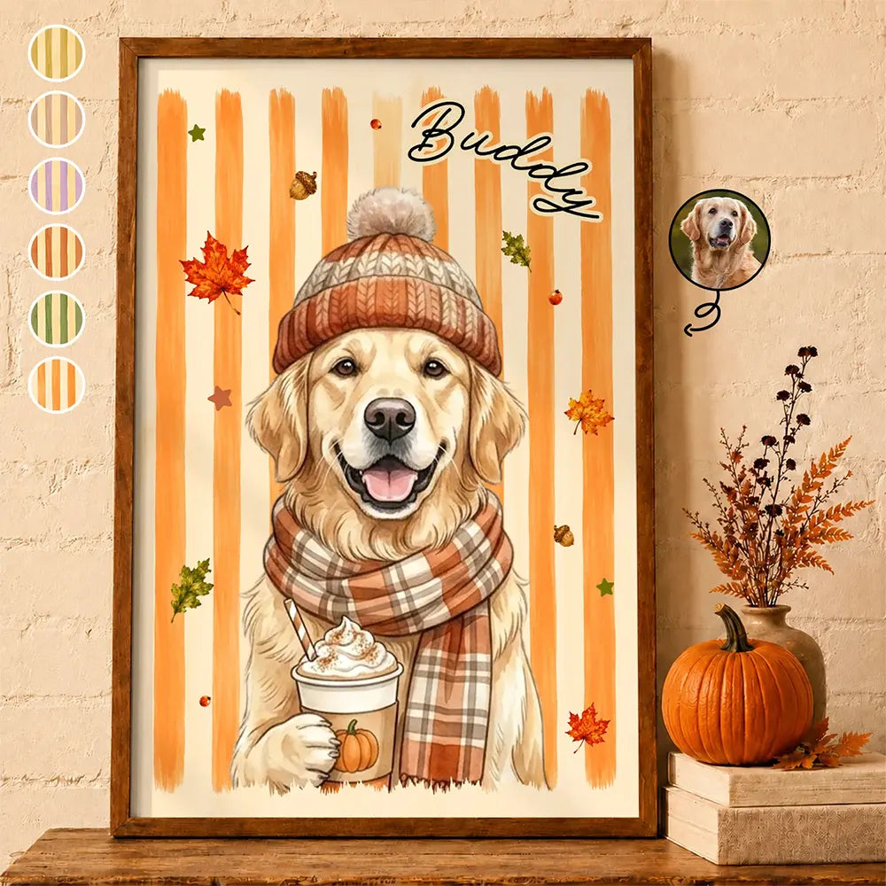Custom Photo Watercolor Pet With Autumn Accessories Autumn Lovely Dog Cat Portrait - Personalized Poster