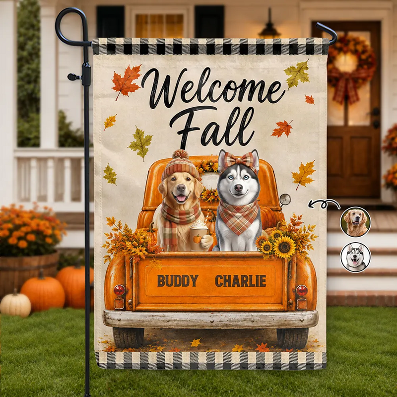 Art Design,Playful,Outdoor Decor,Pet Lovers,Photo - Autumn Theme Pet - Custom Photo Watercolor Pet With Autumn Accessories Welcome Fall - Personalized Flag