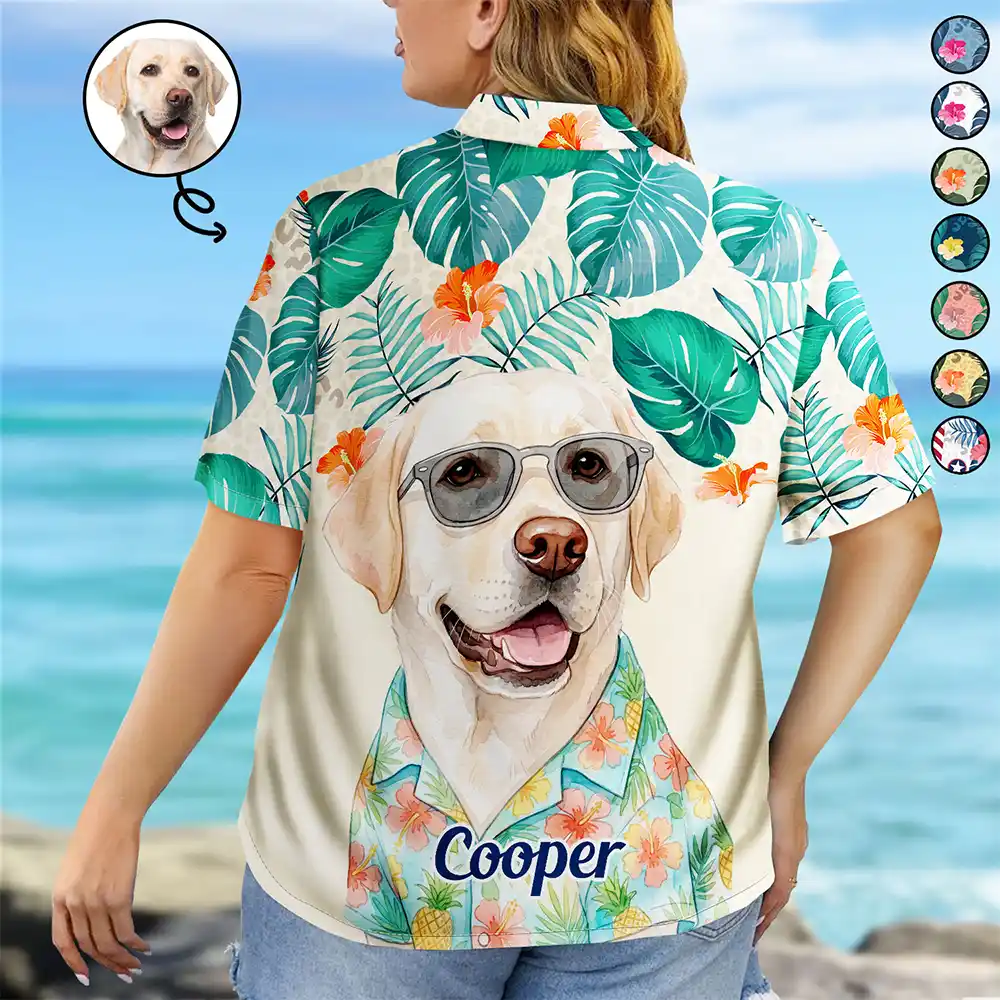 Custom Photo, Art Design, Summer, Pet Lovers, Playful, Photo - Watercolor Summer Pet With Accessories - Custom Photo Watercolor Pet With Summer Accessories - Personalized Hawaiian Shirt