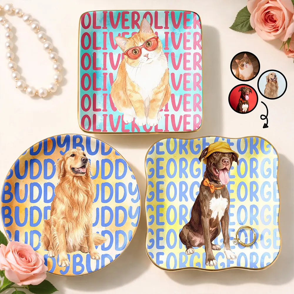 Custom Photo Watercolor Pet With Summer Accessories Cute Dog Cat Portrait - Personalized Ring Dish