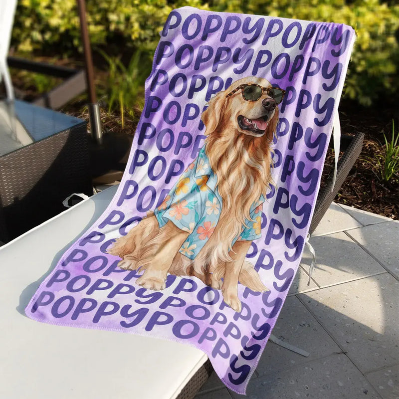 Adorable, Art Design, Custom Photo, Summer, Pet Lovers, Photo - Watercolor Summer Pet With Accessories - Custom Photo Watercolor Pet With Summer Accessories Cute Dog Cat Portrait - Personalized Beach Towel