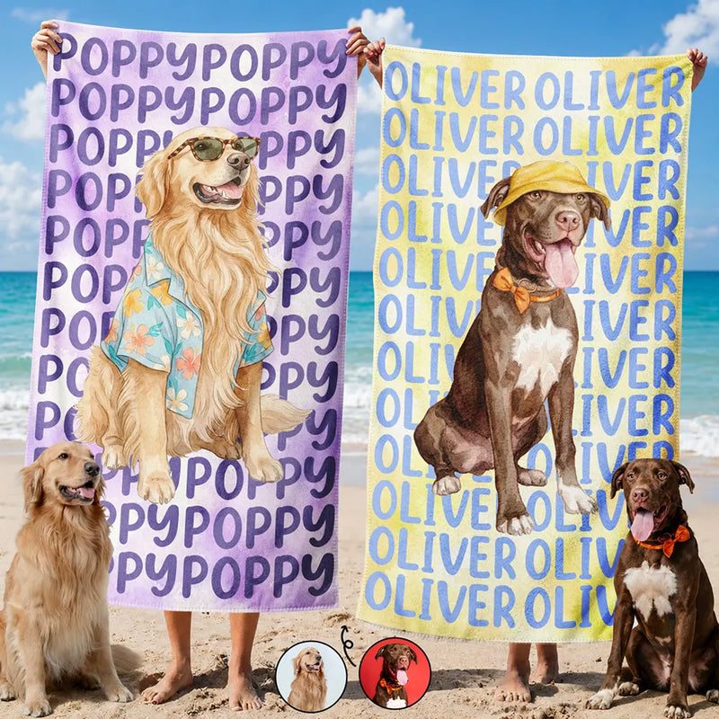 Adorable, Art Design, Custom Photo, Summer, Pet Lovers, Photo - Watercolor Summer Pet With Accessories - Custom Photo Watercolor Pet With Summer Accessories Cute Dog Cat Portrait - Personalized Beach Towel