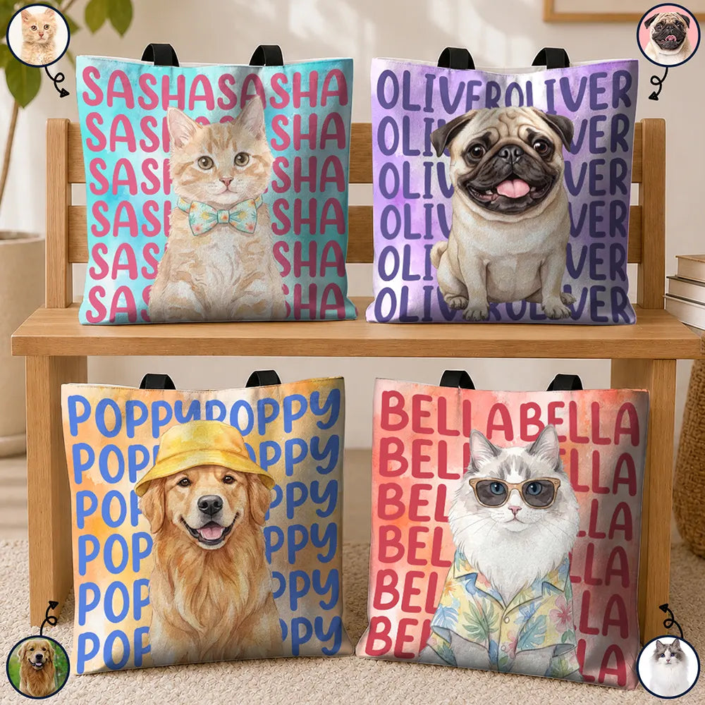 Custom Photo Watercolor Pet With Summer Accessories Cute Dog Cat Portrait - Personalized Tote Bag