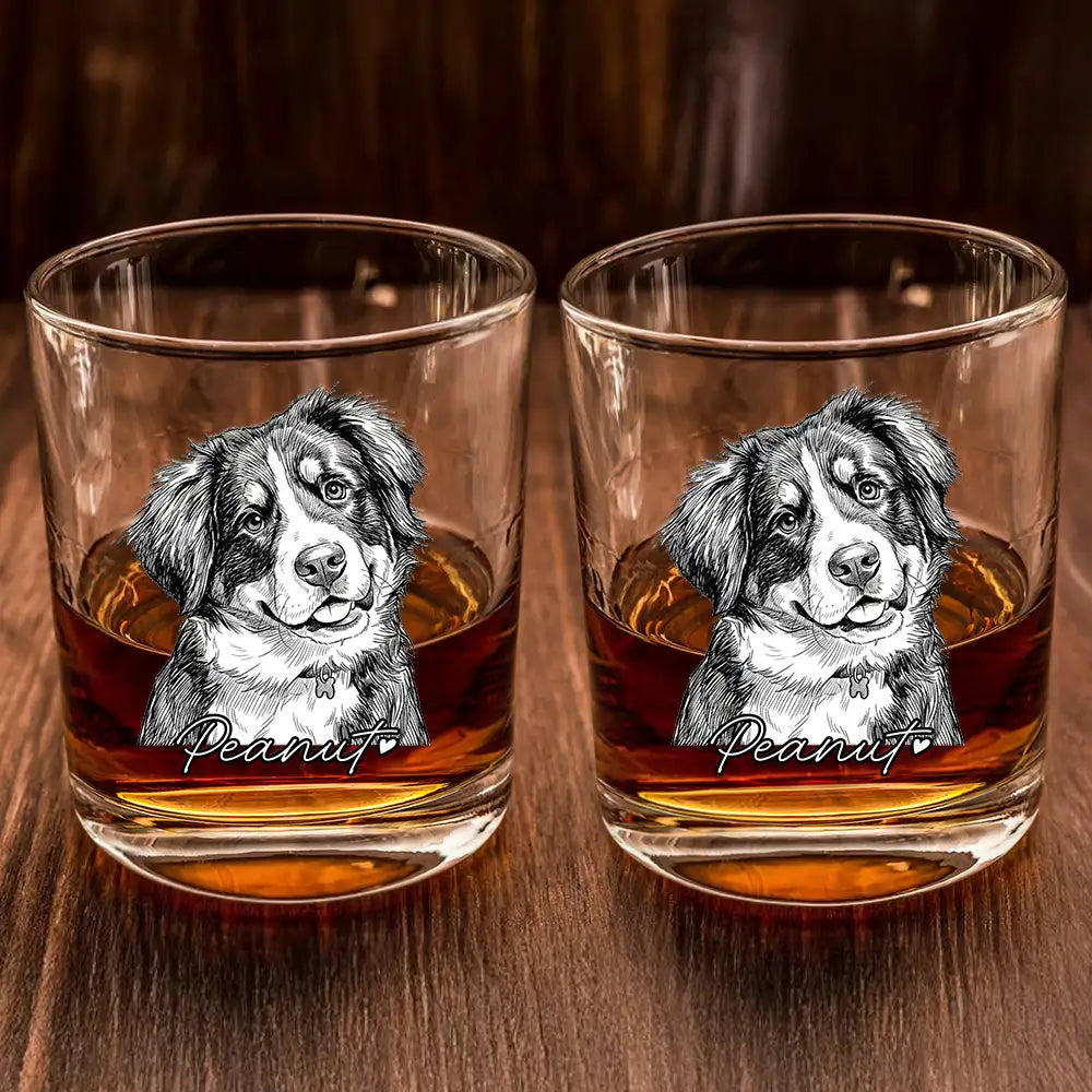 Gift For Father,Gift For Grandpa,Pet Lovers,Pet Mom,Pet Dad,Dog Lovers,Dog Mom,Dog Dad,Cat Lovers,Cat Mom,Cat Dad,Non-Eng,Photo - Pencil Sketch (Dark BG),Humorous - Custom Photo White Pencil Sketch Art Family Dog Cat Portrait - Personalized Whiskey Glass