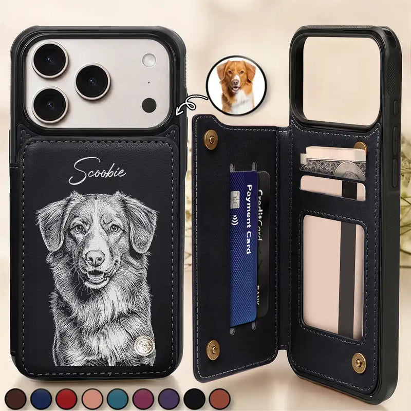 Custom Photo,Art Design,Pet Lovers,Adorable,Photo - Pencil Sketch - Dark BG - Custom Photo White Pencil Sketch Art For Dog And Cat Lovers - Personalized Leather Flip Wallet Phone Case