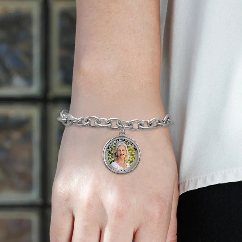 Memorial,Gift For Father,Gift For Yourself,Parents,Gift For Mother,Gift For Grandparents,Gift For Sibling - Custom Photo You Never Walk Alone Memorial - Personalized Charm Bracelet