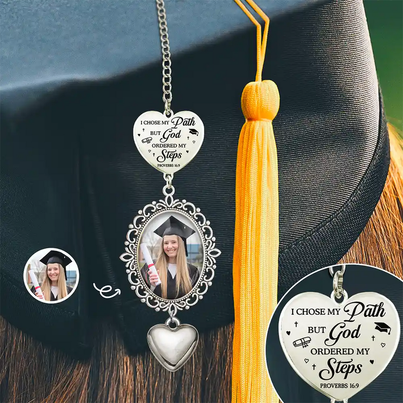 Graduation,Gift For Yourself,Gift For Daughter,Gift For Sisters,Gift For Bestie,Happy, Photo - Custom Photo Bible I Chose My Path But God Ordered My Steps - Personalized Graduation Tassel Charm