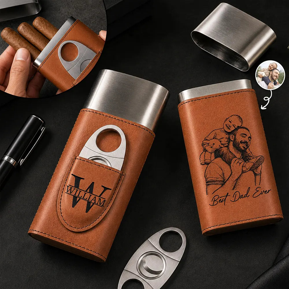 Custom Photo Bold Sketch Best Dad Ever Family Portrait - Personalized Cigar Case