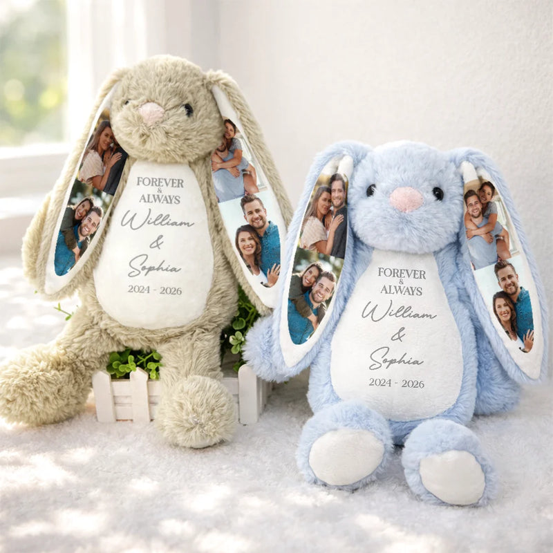 Art Design,Anniversary,Romantic,Gift For Couples,Photo Collage - Custom Photo Forever & Always Couples Anniversary - Personalized Soft Toy Bunny