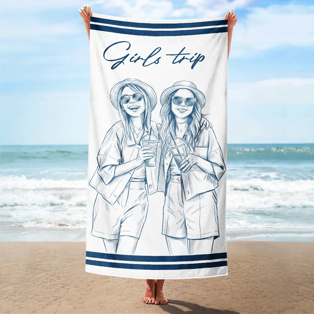Custom Photo Pencil Sketch Besties Family Pet Funny Portrait - Personalized Beach Towel
