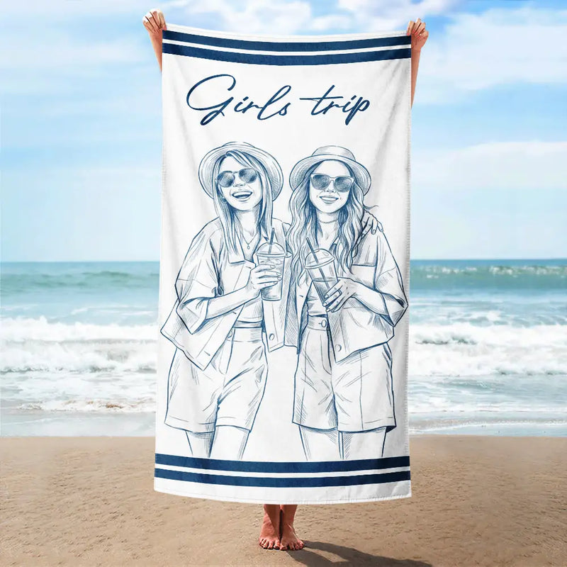 Custom Photo Pencil Sketch Besties Family Pet Funny Portrait - Personalized Beach Towel