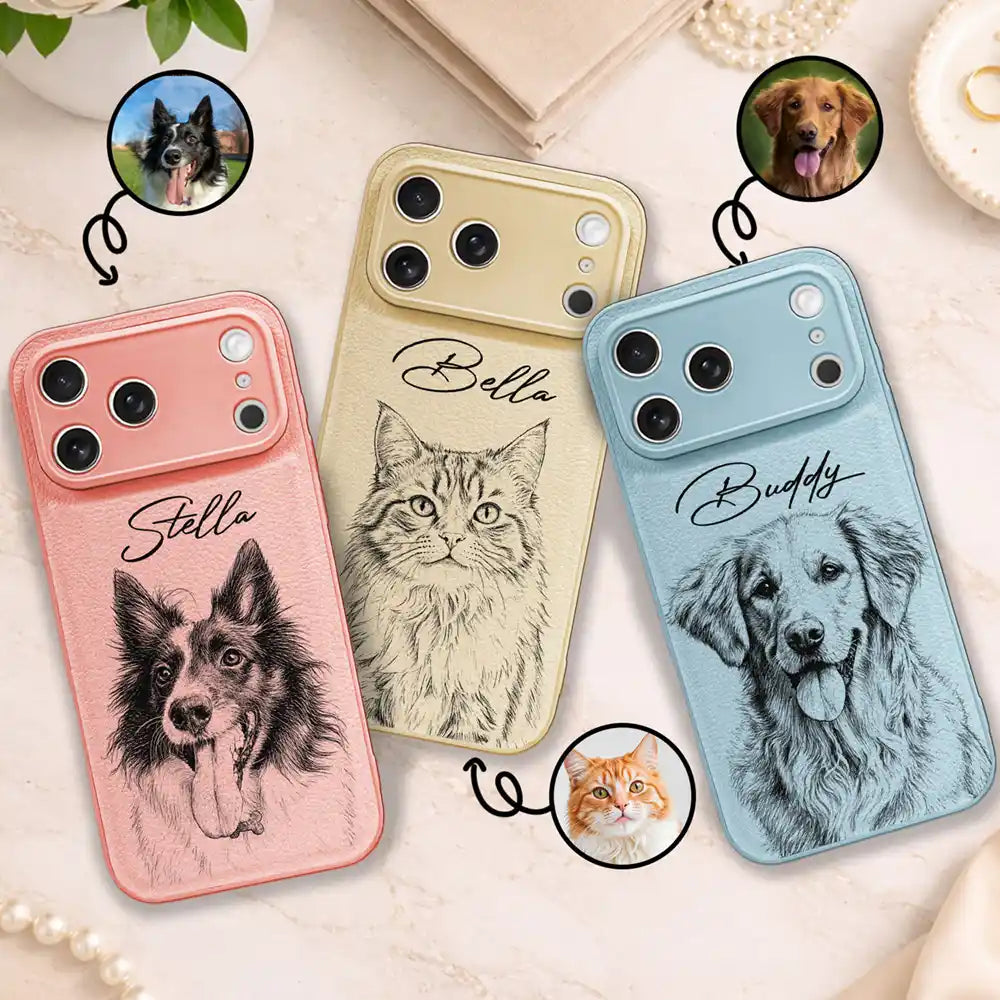 Custom Photo Pencil Sketch Family Besties Dog Cat Portrait - Personalized Leather Phone Case